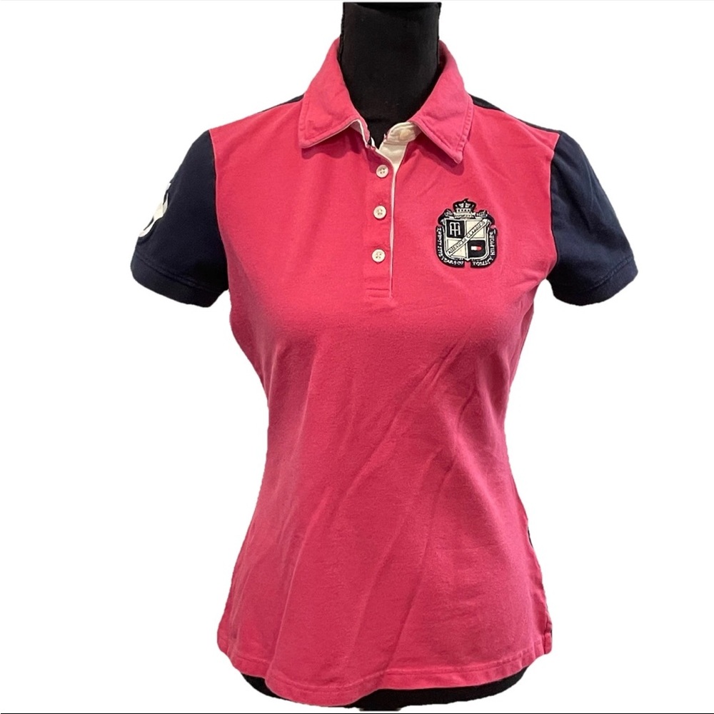 Color block Pink/Navy Blue Sz MEDIUM Tommy Hilfiger Slim Fit #8 Polo Shirt Golf